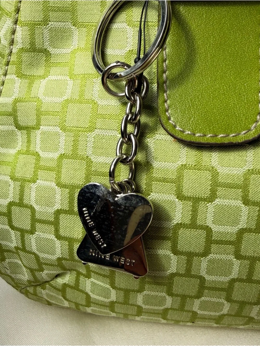 Nine West Green Logo Jacquard Shoulder Bag Y2K Heart Charm Buckle Purse